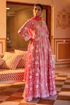 Kapraaaha_Pink Muslin Block Print Floral V Neck Hand Anarkali Set _Online_at_Aza_Fashions