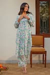 Buy_Kapraaaha_Green Muslin Block Print Floral V Neck Tunic And Pant Co-ord Set _Online_at_Aza_Fashions