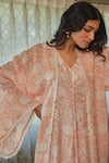 Kapraaaha_Peach Muslin Block Print Floral Dress V Neck Hand With Jacket _at_Aza_Fashions