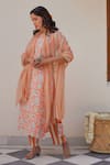 Buy_Kapraaaha_Orange Muslin Block Print Floral Round Kurta Set _at_Aza_Fashions