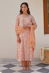 Kapraaaha_Orange Muslin Block Print Floral Round Kurta Set _Online_at_Aza_Fashions