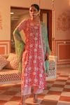 Kapraaaha_Pink Muslin Block Print Floral Round Kurta Pant Set _at_Aza_Fashions