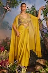 Buy_Miku Kumar_Yellow Modal Satin Embroidered Kalika Floral Asymmetric Draped Skirt Set _at_Aza_Fashions