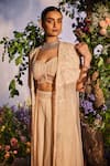 Miku Kumar_Peach Net Embroidered Knot Cape Open Suhana Floral Vine Palazzo Set _at_Aza_Fashions