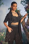 Miku Kumar_Black Georgette Embroidered Mirror Jacket Open Menaka Retro Palazzo Set _Online_at_Aza_Fashions