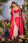 Miku Kumar_Red Net Embroidered Dori Cape Open Devina Ombre Dhoti Skirt Set _at_Aza_Fashions