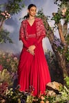 Buy_Miku Kumar_Red Georgette Embroidered Cutdana Cape Open Floral Draped Anarkali Set _at_Aza_Fashions