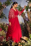 Miku Kumar_Red Georgette Embroidered Cutdana Cape Open Floral Draped Anarkali Set _at_Aza_Fashions