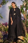 Miku Kumar_Black Georgette Embroidered Thread Maya Pleated Ruffle Pre-draped Saree Set _at_Aza_Fashions