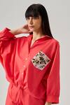 Neetiandmudita Coral Cotton Embroidered Collar Bloom Shirt With Shorts Online at Aza Fashions Neetiandmudita_Coral Cotton Embroidered Collar Bloom Shirt With Shorts _Online_at_Aza_Fashions