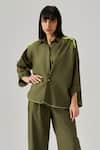 neetiandmudita_Green Cotton Plain Fringes Collar Cameo Drift Draped Shirt With Pant _Online_at_Aza_Fashions