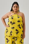 Neetiandmudita_Yellow Crepe Halter Neck Lagoon Pixel Floral Print Top With Pant _Online_at_Aza_Fashions