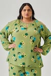 Neetiandmudita_Green Crepe Round Neck Peek-a-boo Pixel Floral Print Top With Pant _Online_at_Aza_Fashions