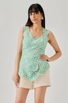 neetiandmudita_Multi Color Crepe Printed Pixel Geometric Petal Draped Top With Shorts _Online_at_Aza_Fashions