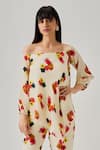 neetiandmudita_Ivory Crepe Printed Pixel Off-shoulder Edge Floral Top With Pant _Online_at_Aza_Fashions