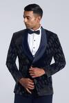 Sarab Khanijou_Blue Velvet Embroidered Beads Lines Pattern Tuxedo Set _Online_at_Aza_Fashions