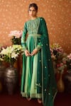 Buy_Shyam Narayan Prasad_Green Brocade Embroidery Thread Closed Round Neck Phool Vine Anarkali Set _at_Aza_Fashions