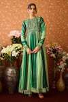 Buy_Shyam Narayan Prasad_Green Brocade Embroidery Thread Closed Round Neck Phool Vine Anarkali Set _Online_at_Aza_Fashions