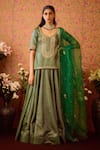 Buy_Shyam Narayan Prasad_Green Viscose Brocade Embroidery Zardozi Round Gul Jaal Kurti And Lehenga Set _at_Aza_Fashions