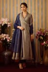 Buy_Shyam Narayan Prasad_Blue Brocade Woven Stripe Shawl Collar Zardozi Embroidered Angarkha Set _Online_at_Aza_Fashions