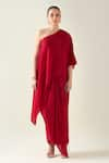 Buy_Aakaar_Red Moss Crepe Embellished Applique Asymmetric Sleeve Draped Dress _at_Aza_Fashions