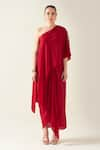 Aakaar_Red Moss Crepe Embellished Applique Asymmetric Sleeve Draped Dress _Online_at_Aza_Fashions