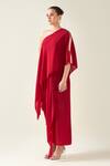 Buy_Aakaar_Red Moss Crepe Embellished Applique Asymmetric Sleeve Draped Dress _Online_at_Aza_Fashions