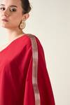 Aakaar_Red Moss Crepe Embellished Applique Asymmetric Sleeve Draped Dress _at_Aza_Fashions