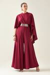 Buy_Aakaar_Wine Moss Crepe Plain Solid Jumpsuit With Metallic Embellished Belt For Kids_at_Aza_Fashions