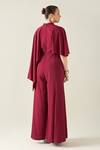 Shop_Aakaar_Wine Moss Crepe Plain Solid Jumpsuit With Metallic Embellished Belt For Kids_at_Aza_Fashions