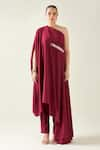 Aakaar_Wine Moss Crepe Embellished Applique One Shoulder Draped Tunic And Pant Set _Online_at_Aza_Fashions