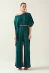 Buy_Aakaar_Green Moss Crepe Plain Asymmetric One Shoulder Jumpsuit With Metallic Belt _at_Aza_Fashions