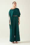 Buy_Aakaar_Green Moss Crepe Plain Asymmetric One Shoulder Jumpsuit With Metallic Belt _Online_at_Aza_Fashions