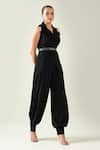 Buy_Aakaar_Black Moss Crepe Plain Notched Collar Sleeveless Waistcoat Pant Set _Online_at_Aza_Fashions