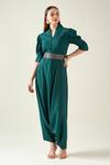 Buy_Aakaar_Green Moss Crepe Shawl Collar Classic Alloy Draped Jumpsuit With Metallic Belt _at_Aza_Fashions