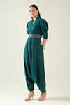 Aakaar_Green Moss Crepe Shawl Collar Classic Alloy Draped Jumpsuit With Metallic Belt _Online_at_Aza_Fashions