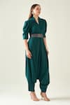 Buy_Aakaar_Green Moss Crepe Shawl Collar Classic Alloy Draped Jumpsuit With Metallic Belt _Online_at_Aza_Fashions