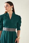 Shop_Aakaar_Green Moss Crepe Shawl Collar Classic Alloy Draped Jumpsuit With Metallic Belt _Online_at_Aza_Fashions