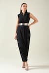 Buy_Aakaar_Black Moss Crepe Shawl Solid Alloy Woven Draped Jumpsuit With Metallic Belt _at_Aza_Fashions