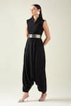 Aakaar_Black Moss Crepe Shawl Solid Alloy Woven Draped Jumpsuit With Metallic Belt _Online_at_Aza_Fashions