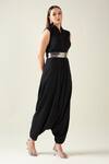 Shop_Aakaar_Black Moss Crepe Shawl Solid Alloy Woven Draped Jumpsuit With Metallic Belt _Online_at_Aza_Fashions