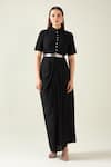 Buy_Aakaar_Black Moss Crepe Band Collar Classic Alloy Draped Shirt Dress With Metallic Belt _at_Aza_Fashions