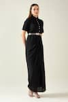 Aakaar_Black Moss Crepe Band Collar Classic Alloy Draped Shirt Dress With Metallic Belt _Online_at_Aza_Fashions