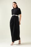 Shop_Aakaar_Black Moss Crepe Band Collar Classic Alloy Draped Shirt Dress With Metallic Belt _Online_at_Aza_Fashions