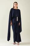 Buy_Aakaar_Blue Moss Crepe Embroidery Metallic Lace Alloy Solid Draped Asymmetric Dress _at_Aza_Fashions