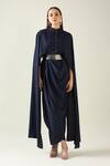 Buy_Aakaar_Blue Moss Crepe Solid Armour Draped Dress With Metallic Belt For Kids_at_Aza_Fashions