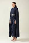 Aakaar_Blue Moss Crepe Band Collar Solid Armour Draped Dress With Metallic Belt _Online_at_Aza_Fashions