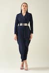 Buy_Aakaar_Blue Moss Crepe Notch Collar Solid Draped Dress With Metallic Belt _at_Aza_Fashions