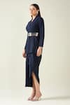 Buy_Aakaar_Blue Moss Crepe Notch Collar Solid Draped Dress With Metallic Belt _Online_at_Aza_Fashions