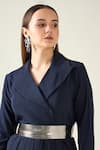 Aakaar_Blue Moss Crepe Notch Collar Solid Draped Dress With Metallic Belt _at_Aza_Fashions